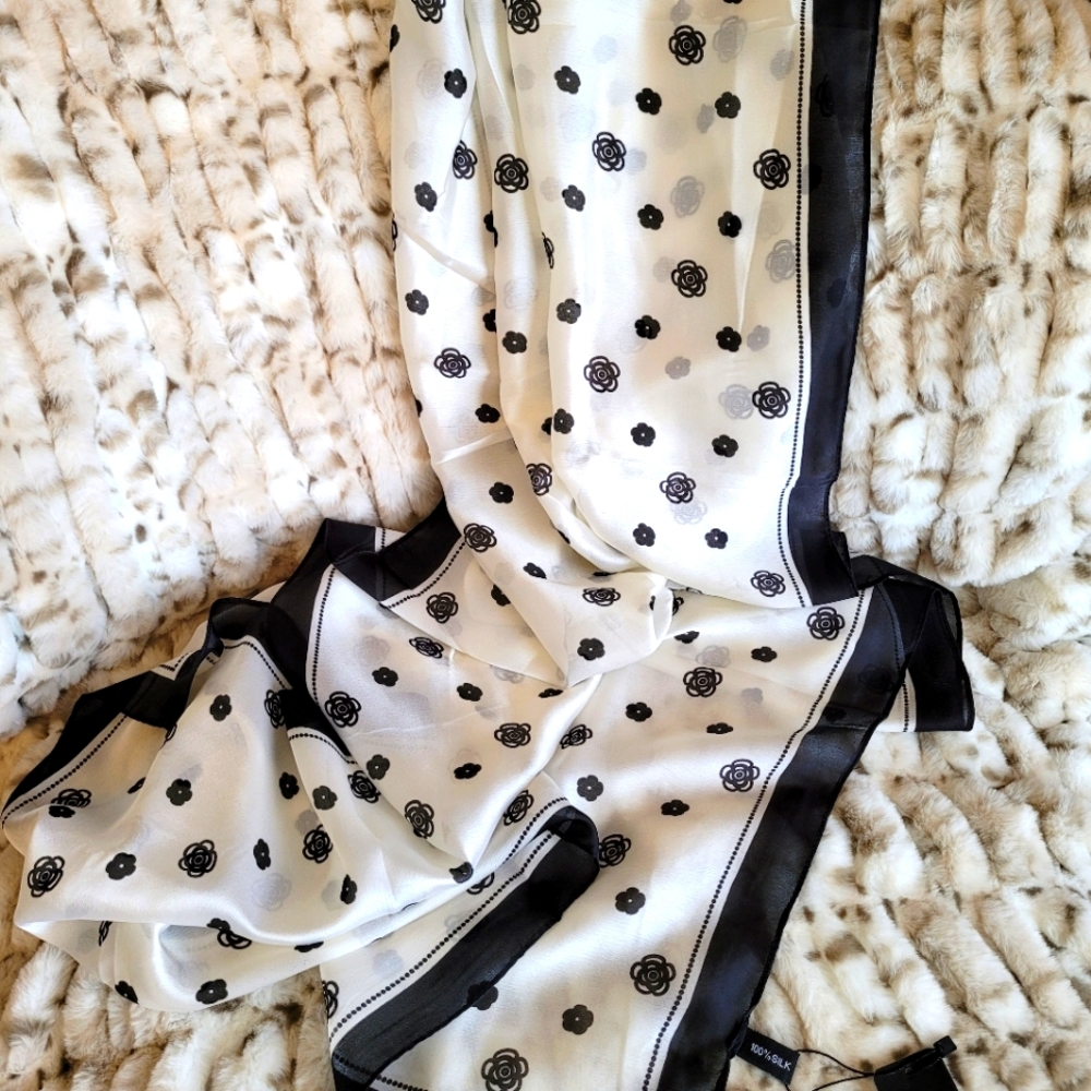 100% Silk Scarf, Black on White, 70"L x 35"W inches.